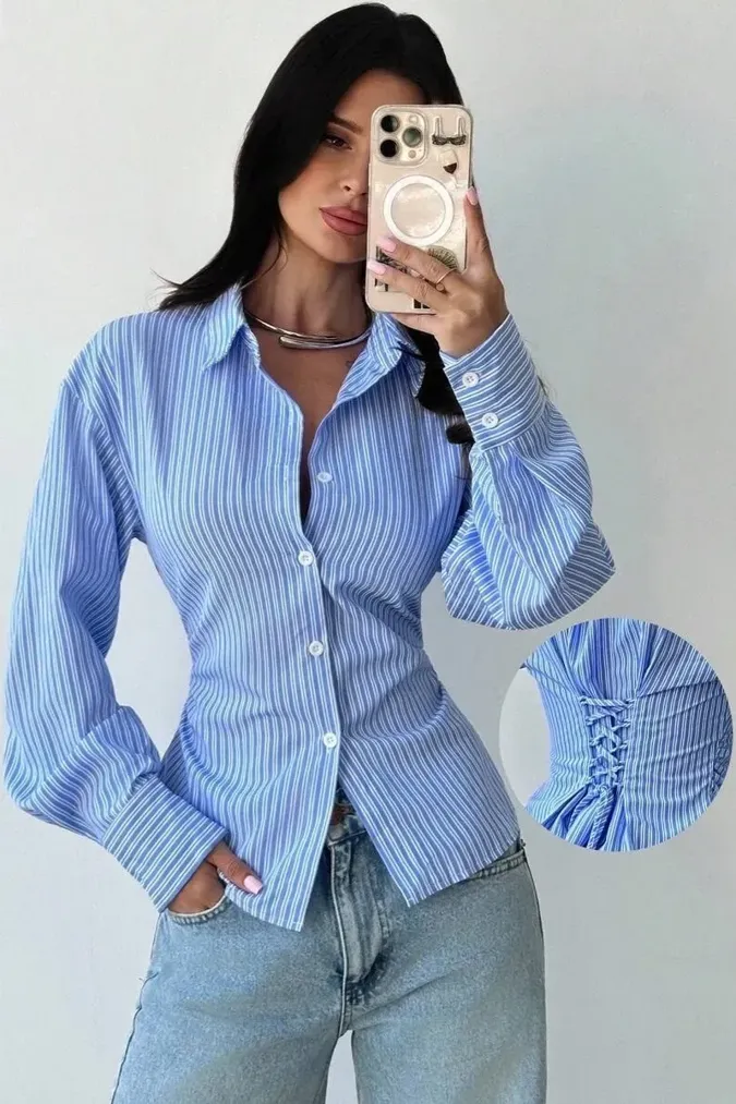 Light Blue Tie-Up Striped Shirt - Image 1