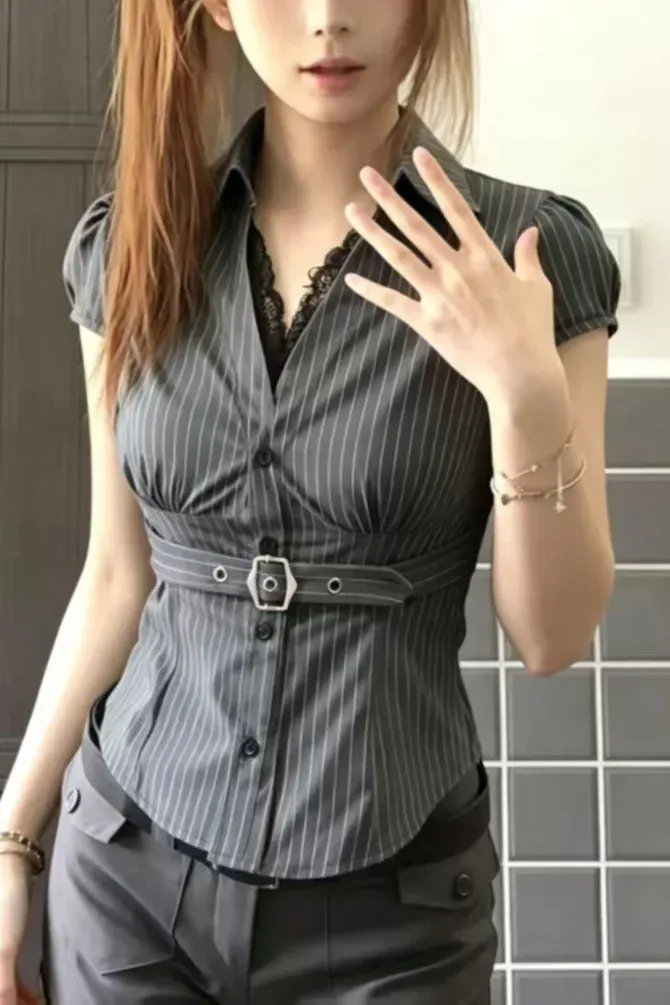 Grey Belted Pinstripe Shirt - Image 1