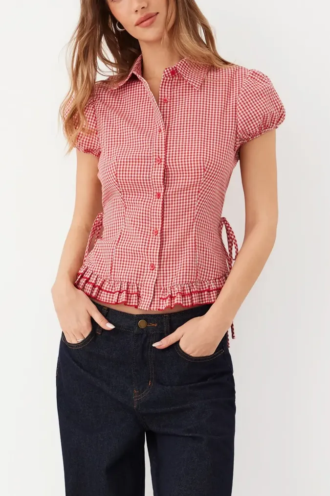 Red Ruffled Buttoned Gingham Shirt - Image 1