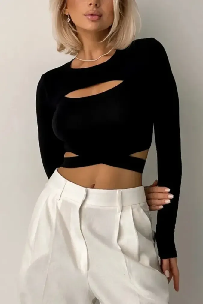 Black Cut Out Crop T-Shirt - Image 1