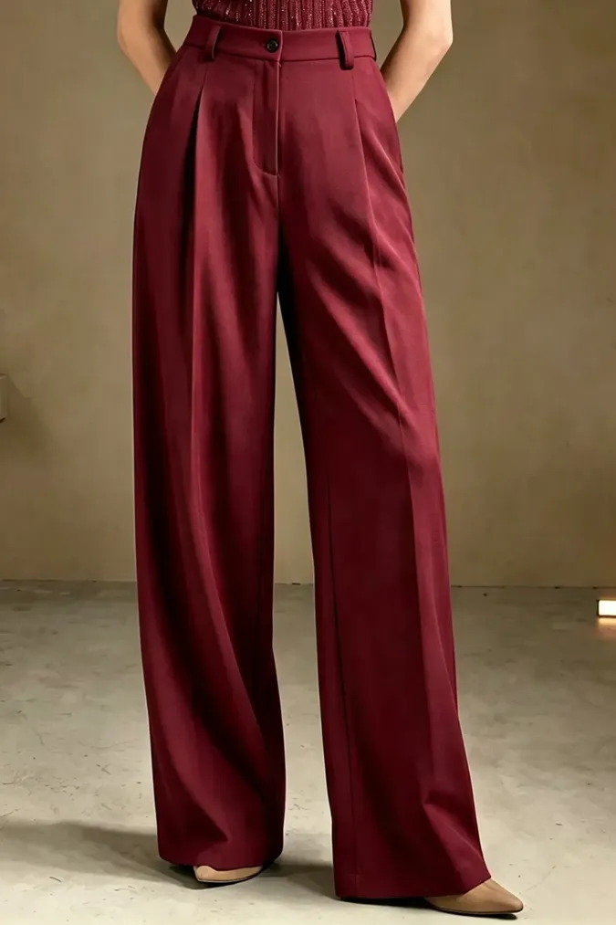 Maroon Solid Pleated Trousers - Image 1