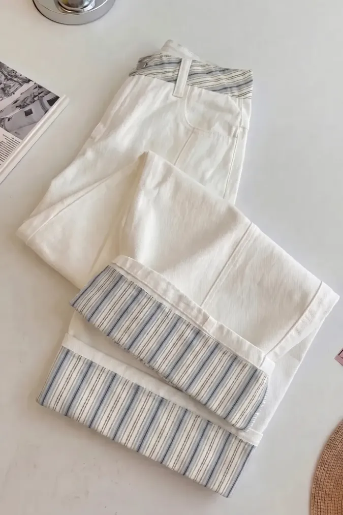 White Striped Mid-Rise Jeans - Image 1