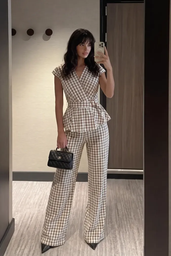 Light Brown Belted Gingham Co-Ords Set - Image 1