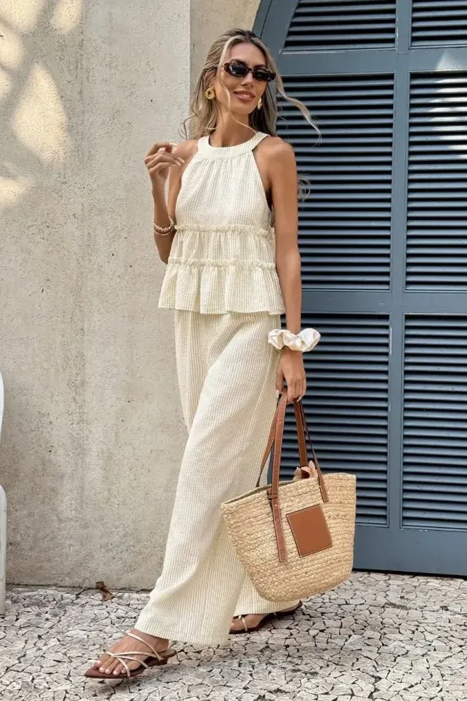 Cream Halter Tiered Co-Ords Set - Image 1