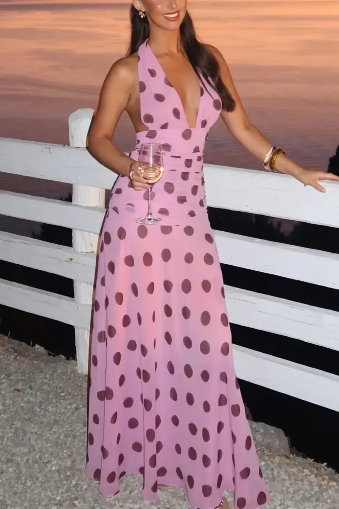 Light Pink Polka Halter Maxi Dress - Image 1