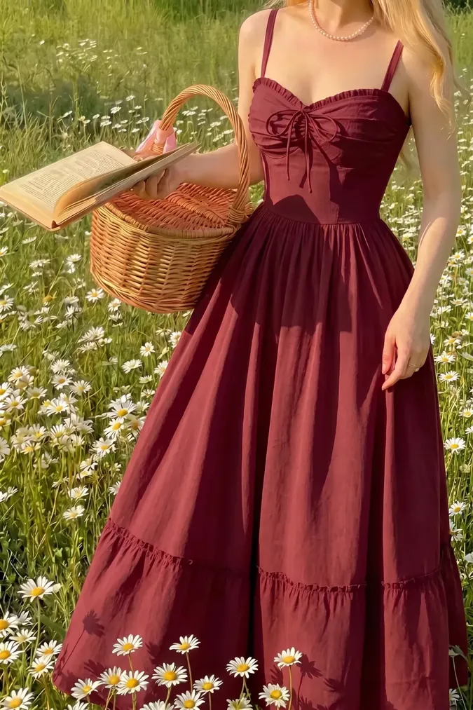 Maroon Solid Ruched Maxi Dress - Image 1