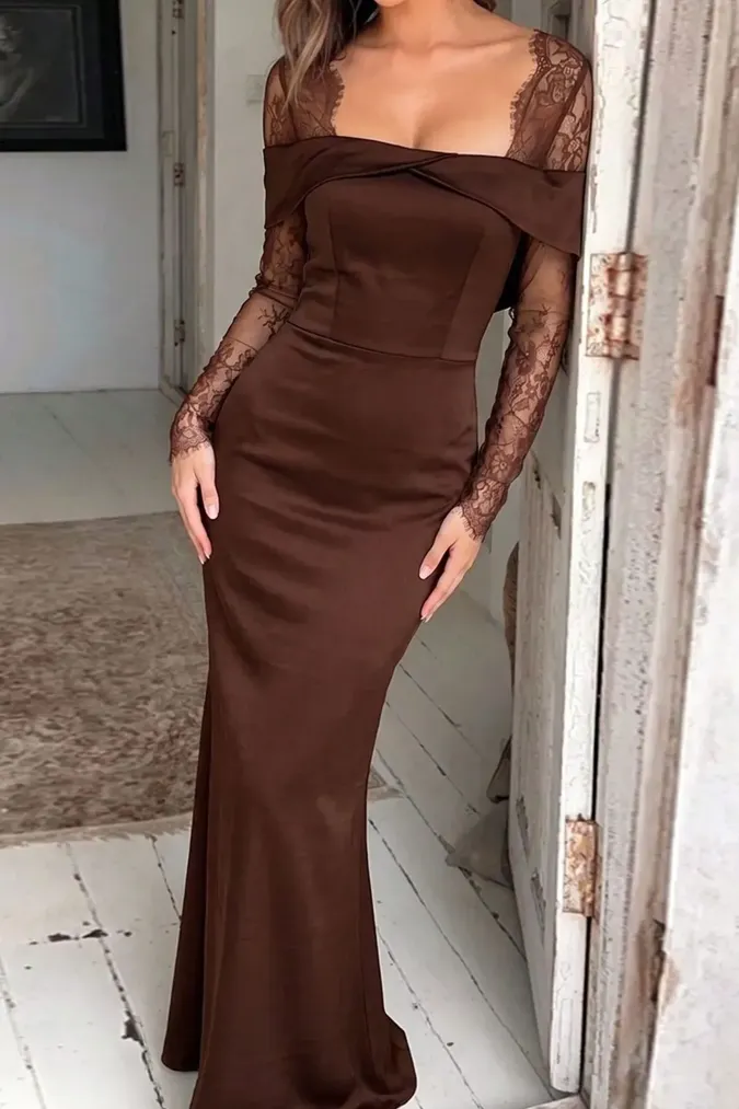 Dark Brown Lace Maxi Dress - Image 1