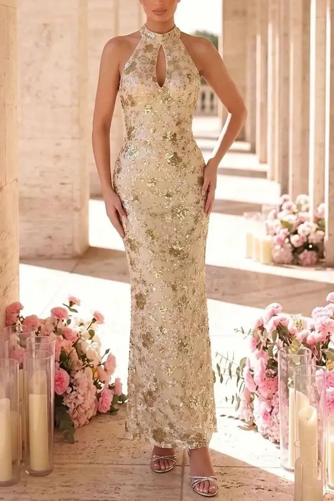 Champagne Sequined Maxi Dress - Image 1