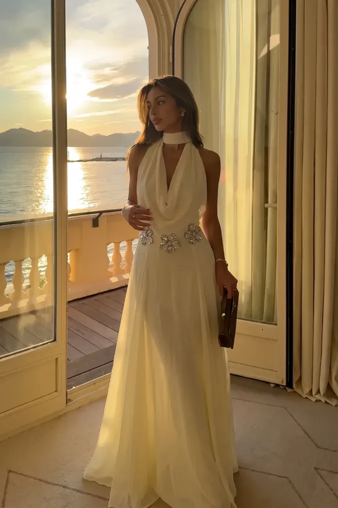 Light Yellow Cowl Neck Maxi Dress - Image 1