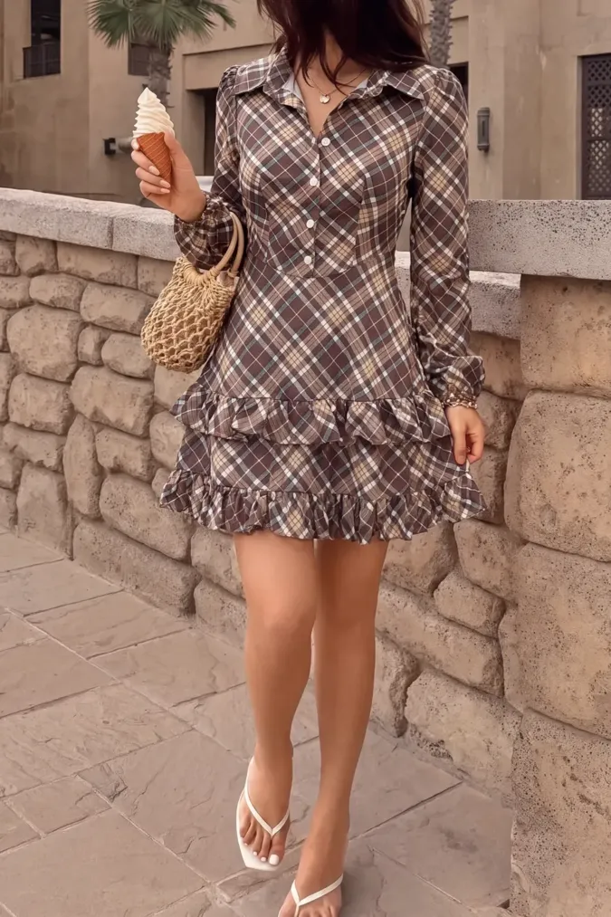 Dark Brown Plaid Mini Dress - Image 1