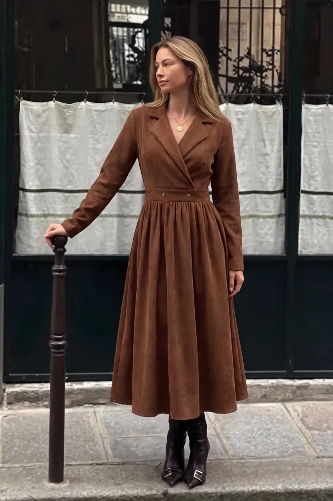 Dark Brown Wrap Collar Midi Dress - Image 1