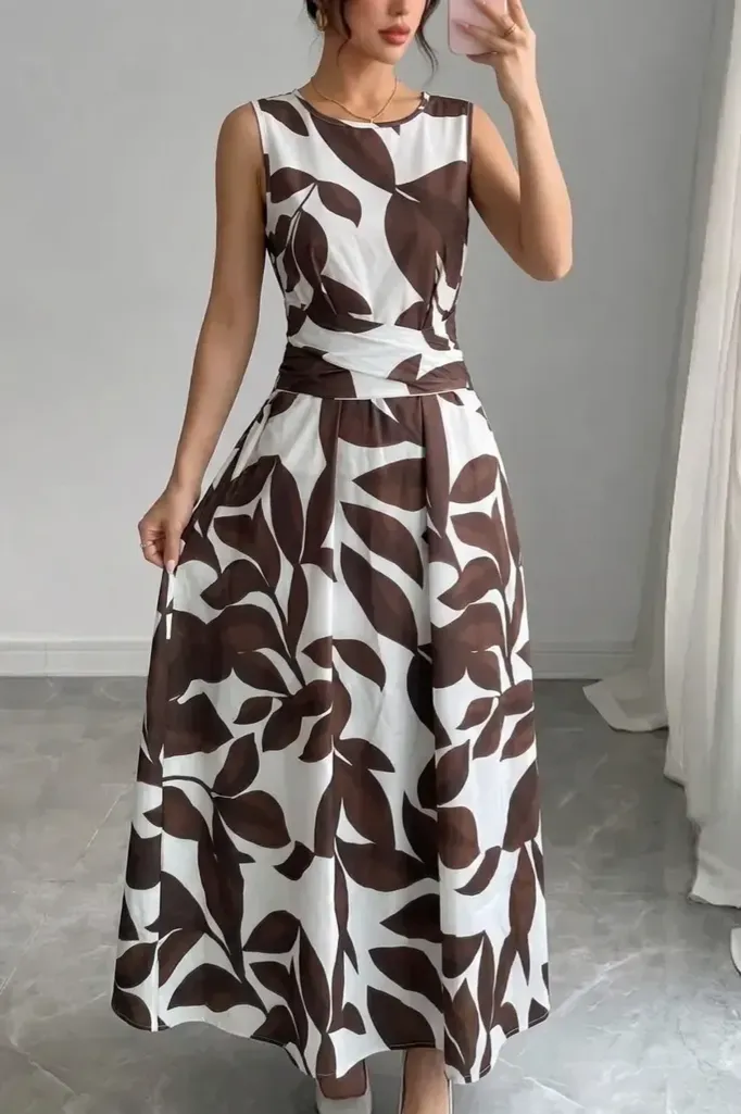 Brown Belted Leaf Print Dress - Image 1