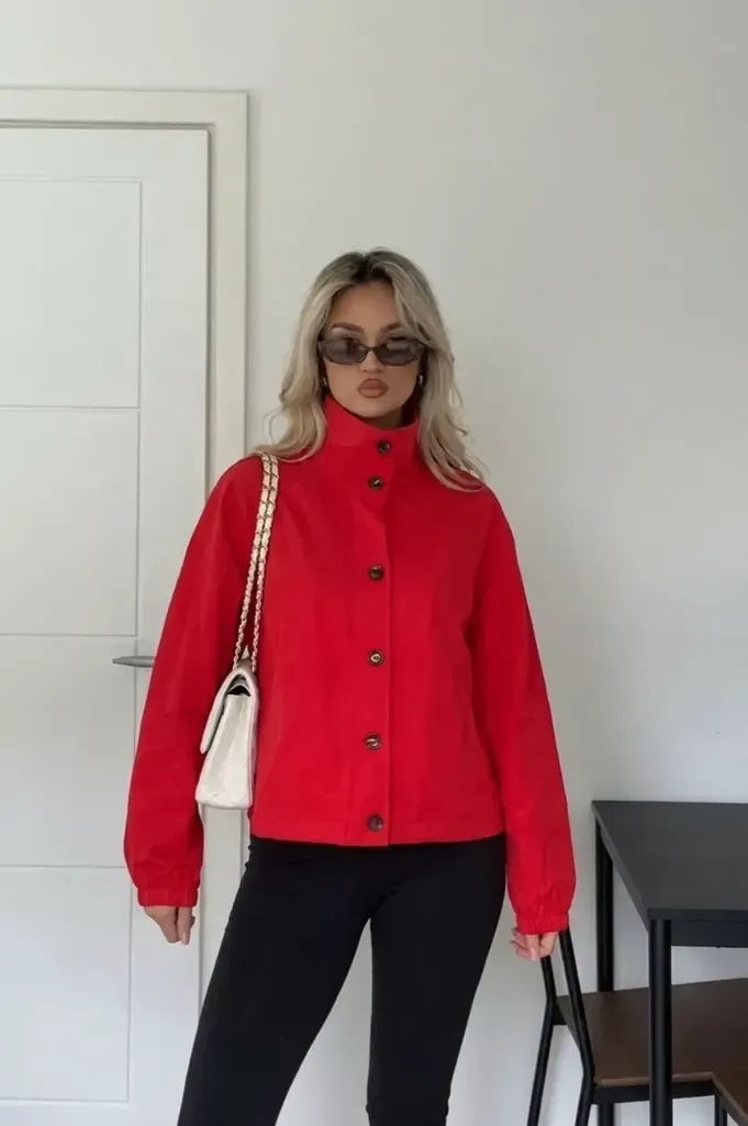 Red Solid Oversized Jacket - Image 1