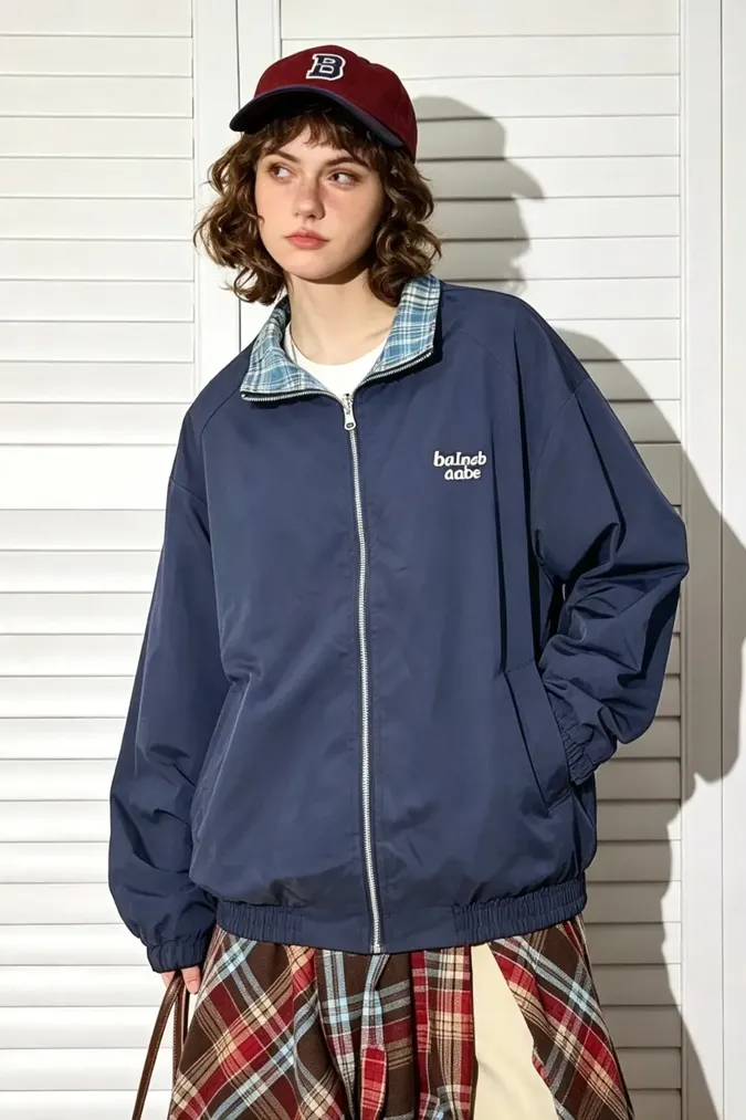 Navy Reversible Plaid Zip Jacket - Image 1