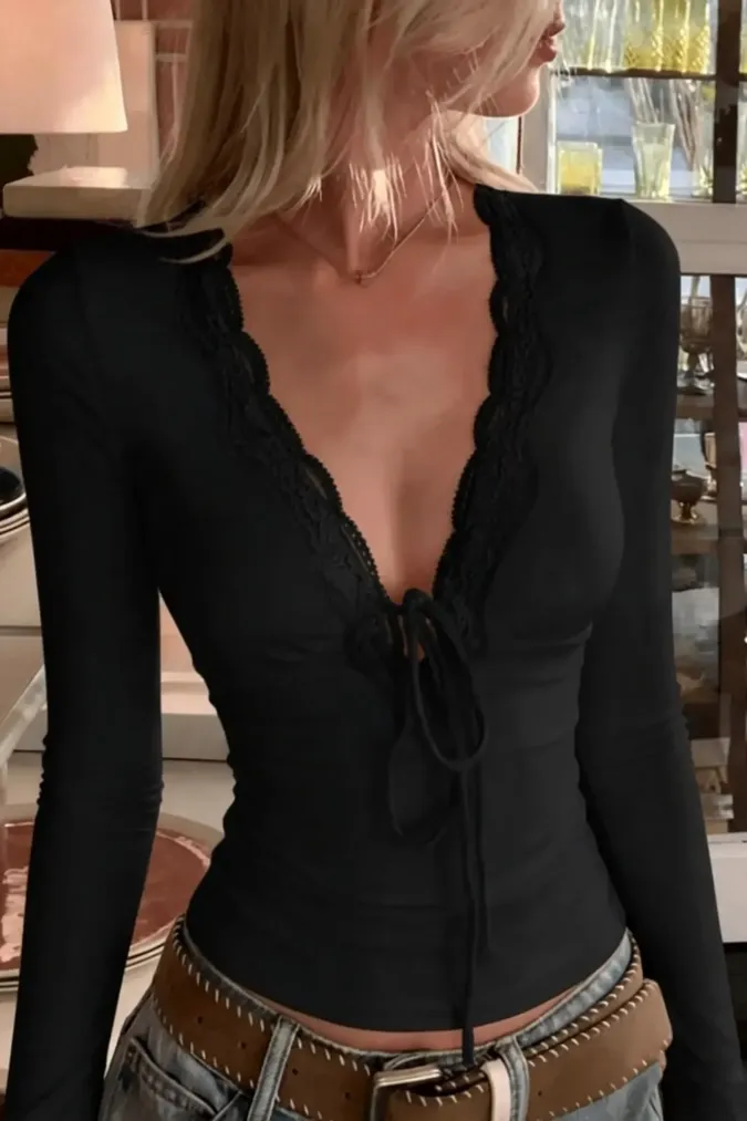 Black Lace Overlay Plunge-Neck Top - Image 1