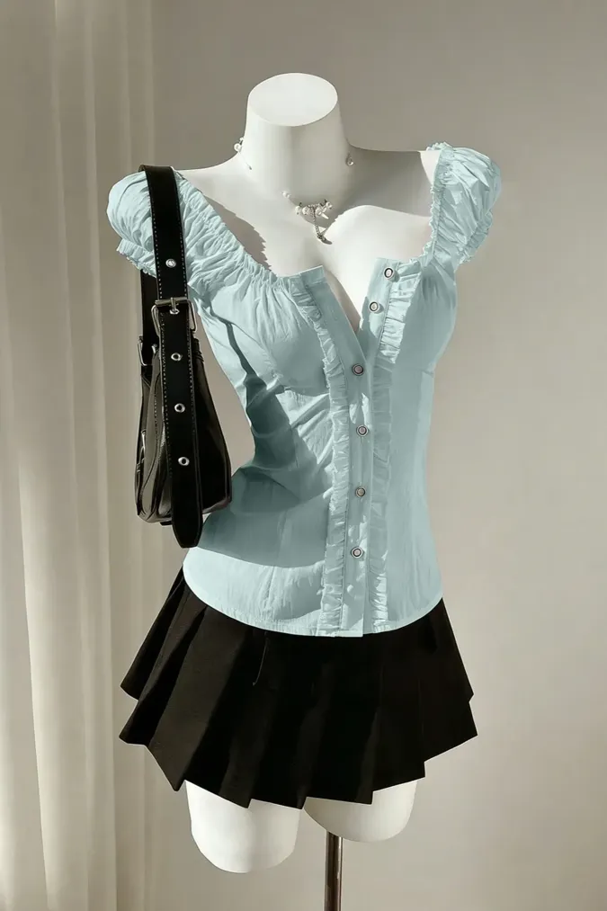 Light Blue Solid Sweetheart Ruffled Top - Image 1