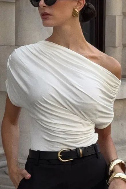 White Ruched One-Shoulder Top - Image 1