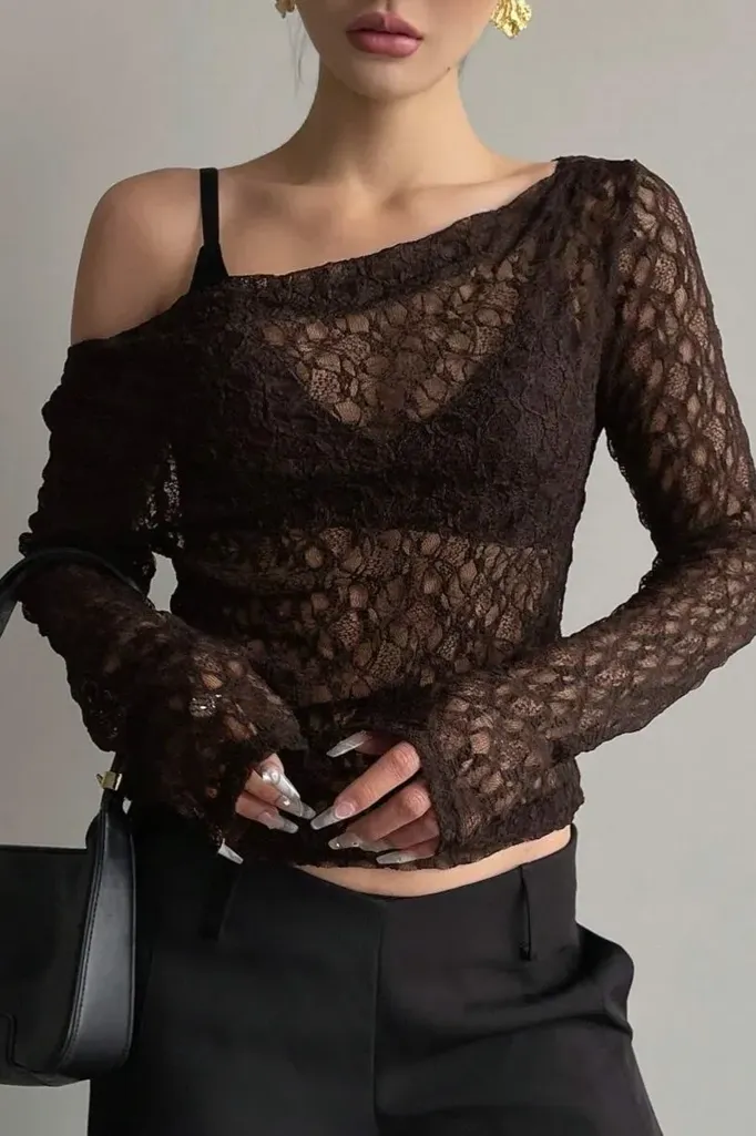 Dark Brown Cowl Neck Lace Top - Image 1
