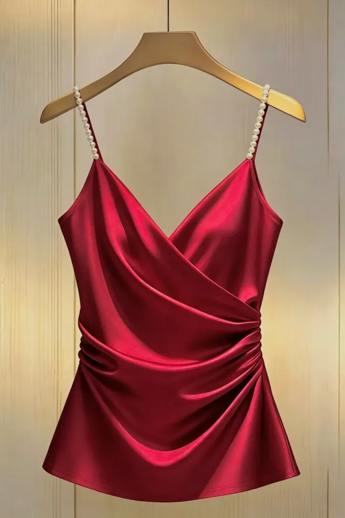 Red Ruched Pearl Embellished Top - Image 1