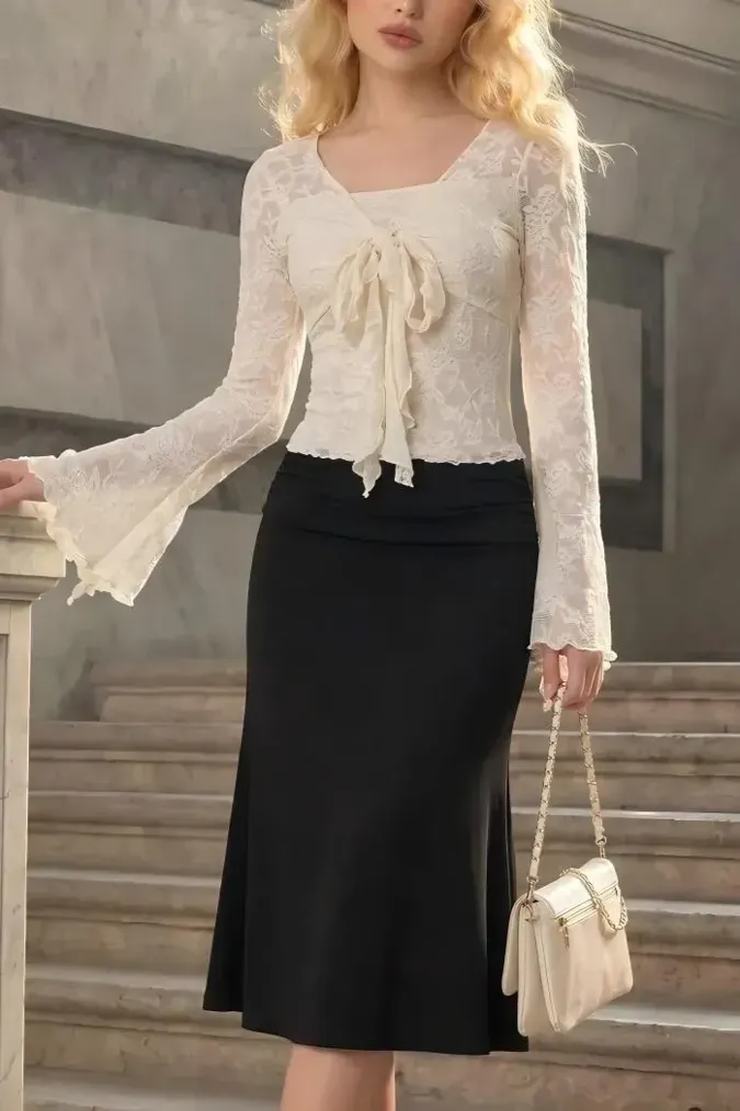 Cream Lace Tie-Up Top - Image 1