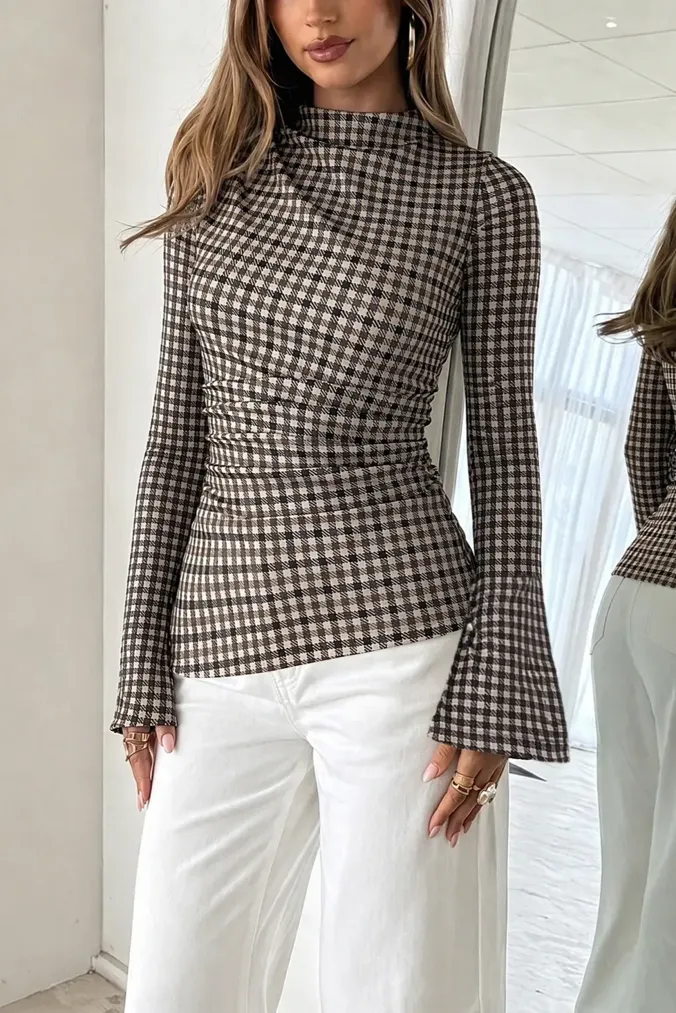 Khaki Mock Neck Ruched Top - Image 1