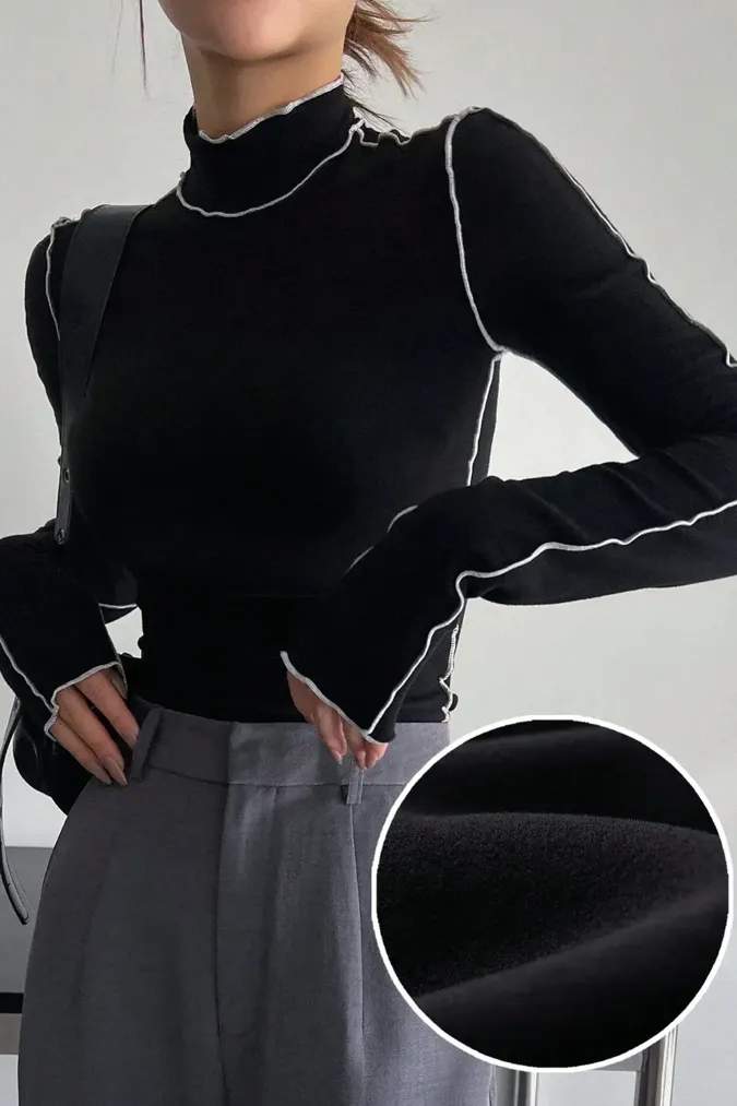 Black Contrast-Stitch Turtleneck Top - Image 1