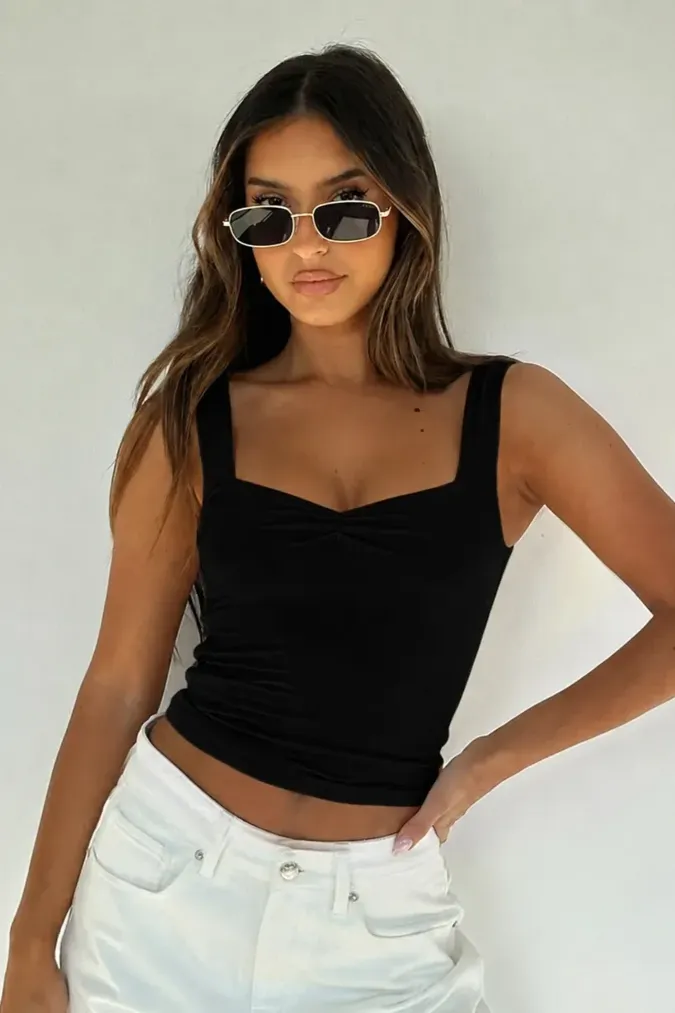Black Solid Ruched Crop Top - Image 1