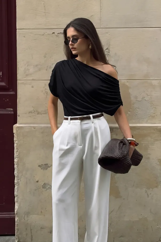 Black Ruched One-Shoulder Top - Image 1