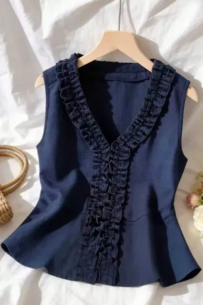 Navy Blue Ruffle V-Neck Top - Image 1