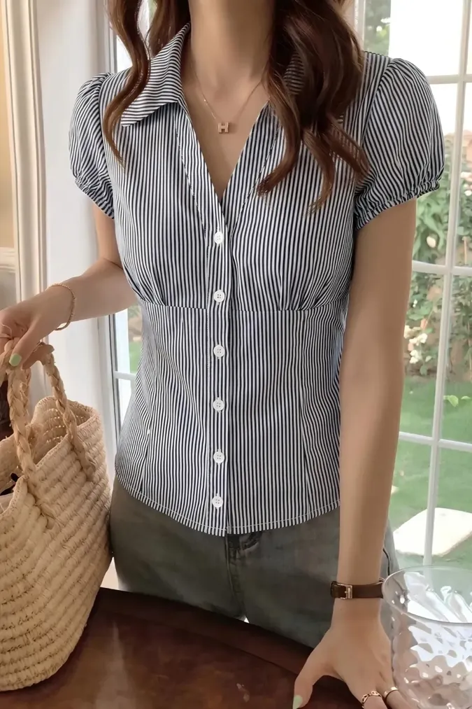 Blue Striped Lapel Collar Top - Image 1