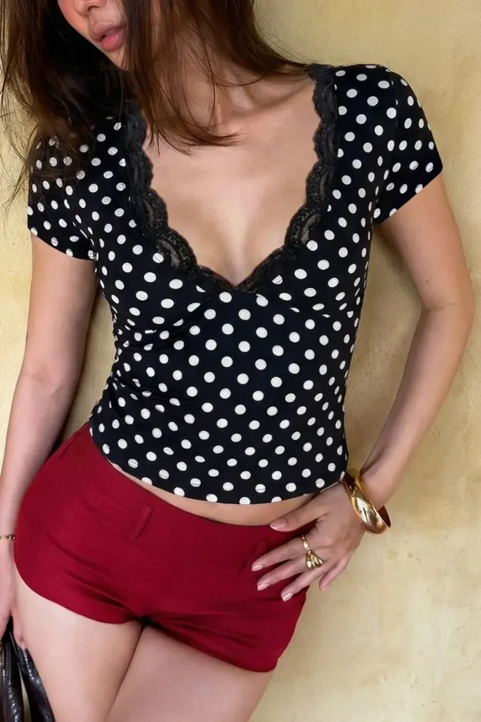 Black Polka Dot V-Neck Top - Image 1