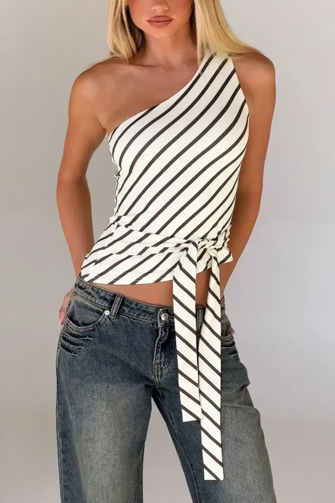 White Striped One-Shoulder Top - Image 1