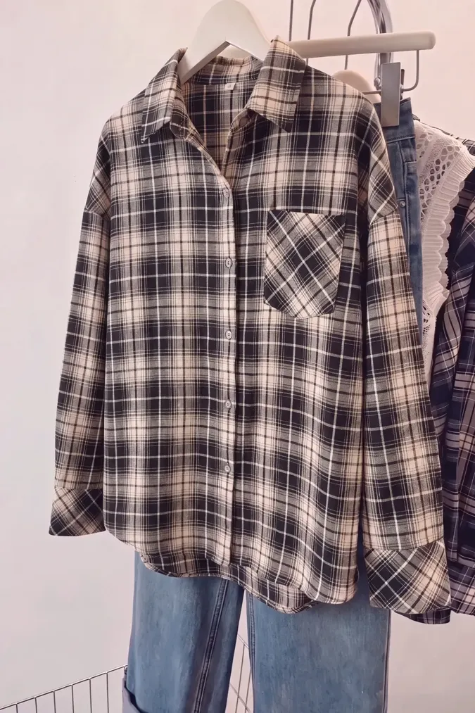 Beige Plaid Collared Shirt - Image 1