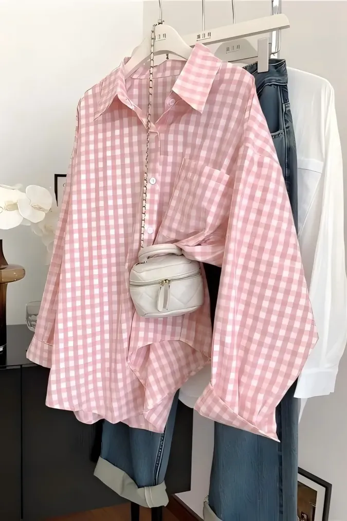 Light Pink Oversized Gingham Shirt - Image 1
