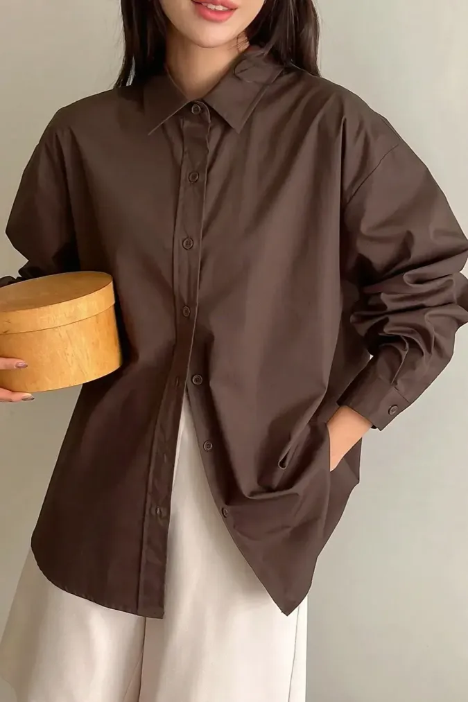 Dark Brown Solid Collared Shirt - Image 1