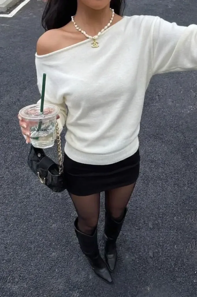 White One-Shoulder Embellished Sweater - Image 1