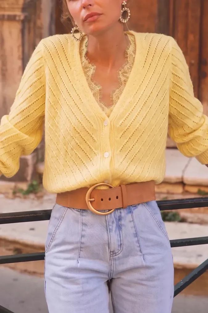 Yellow Lace-Insert Cardigan - Image 1