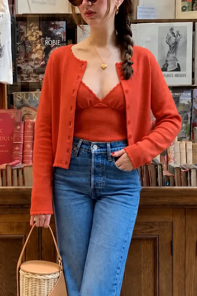 Orange Solid Scallop-Neck Cardigan - Image 1