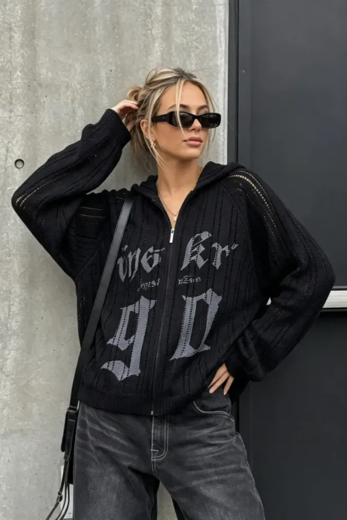Black Oversized Zip-Neck Hoodie - Image 1