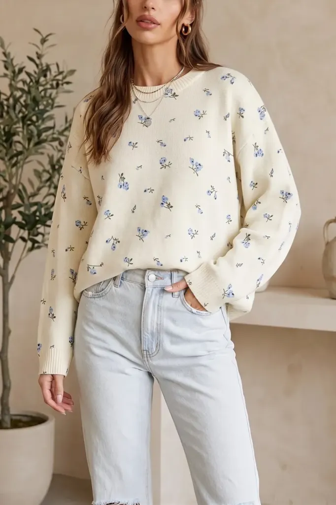 Cream Floral Crew Neck Sweater - Image 1