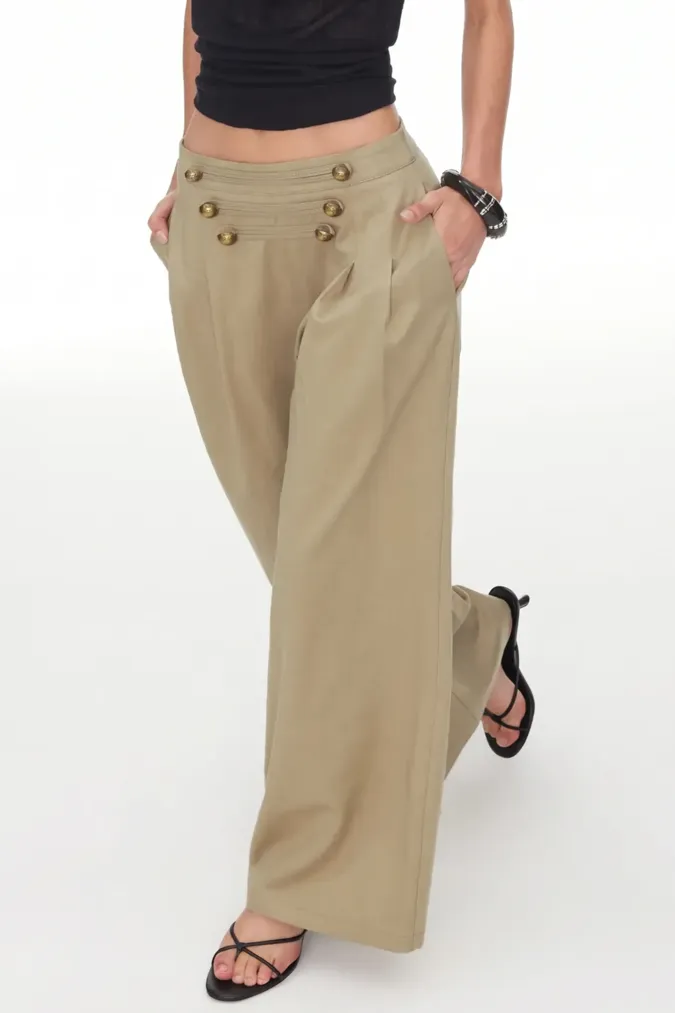 Beige Solid Mid Rise Trousers - Image 1