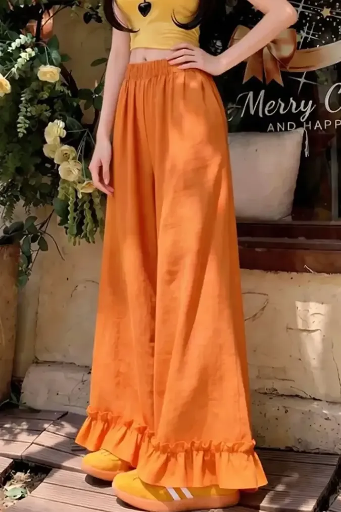 Orange Ruffled Mid Rise Trousers - Image 1