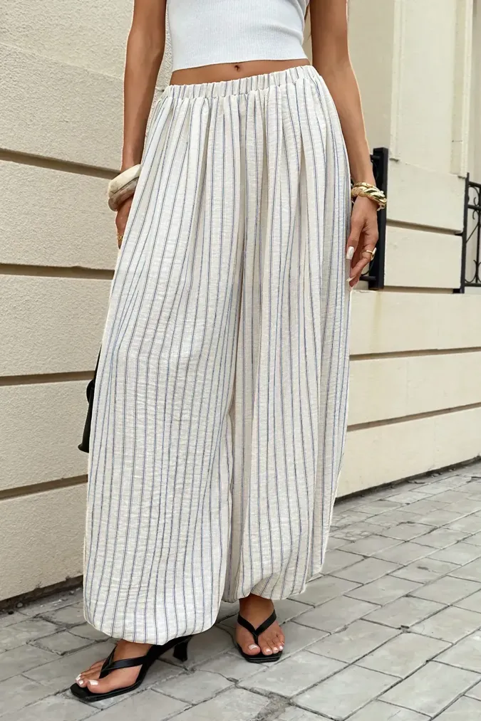 Cream Striped Mid Rise Trousers - Image 1