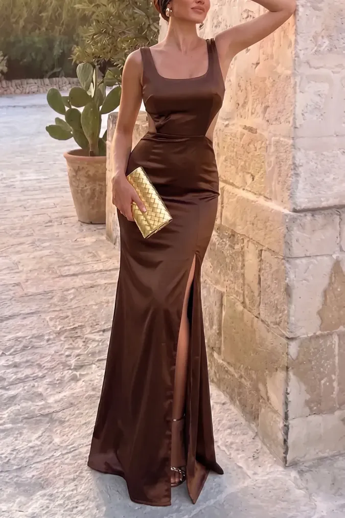 Dark Brown Slit Maxi Dress - Image 1