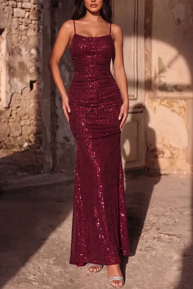 Wine Sequined Ruched Maxi Dress - Image 1