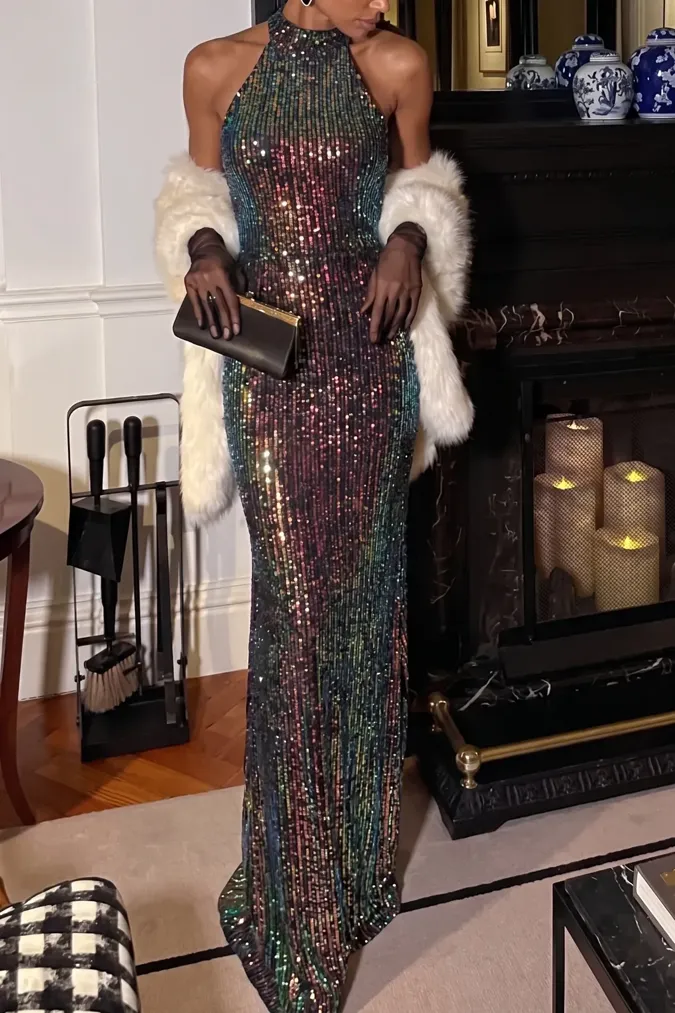 Black Sequin Backless Maxi Dress - Image 1