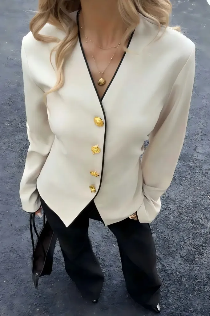 Cream Buttoned V-Neck Blazer - Image 1