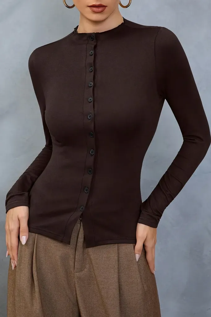 Brown Band Collar Top - Image 1