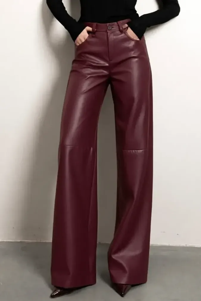 Wine High Rise Pu Pants - Image 1