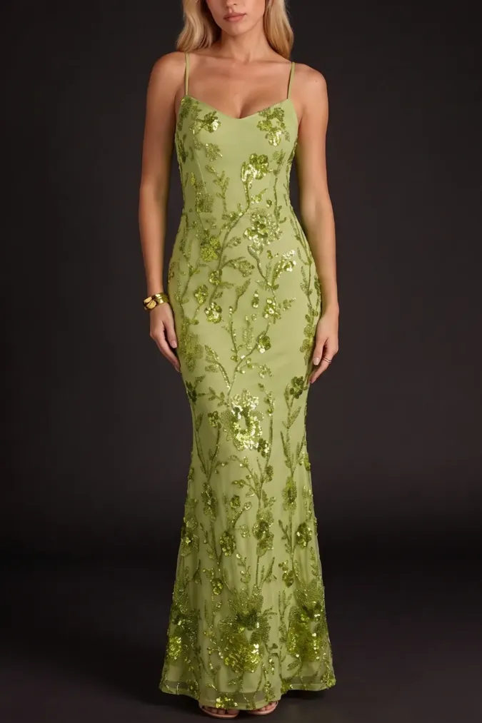 Green Embroidered Sequin Maxi Dress - Image 1